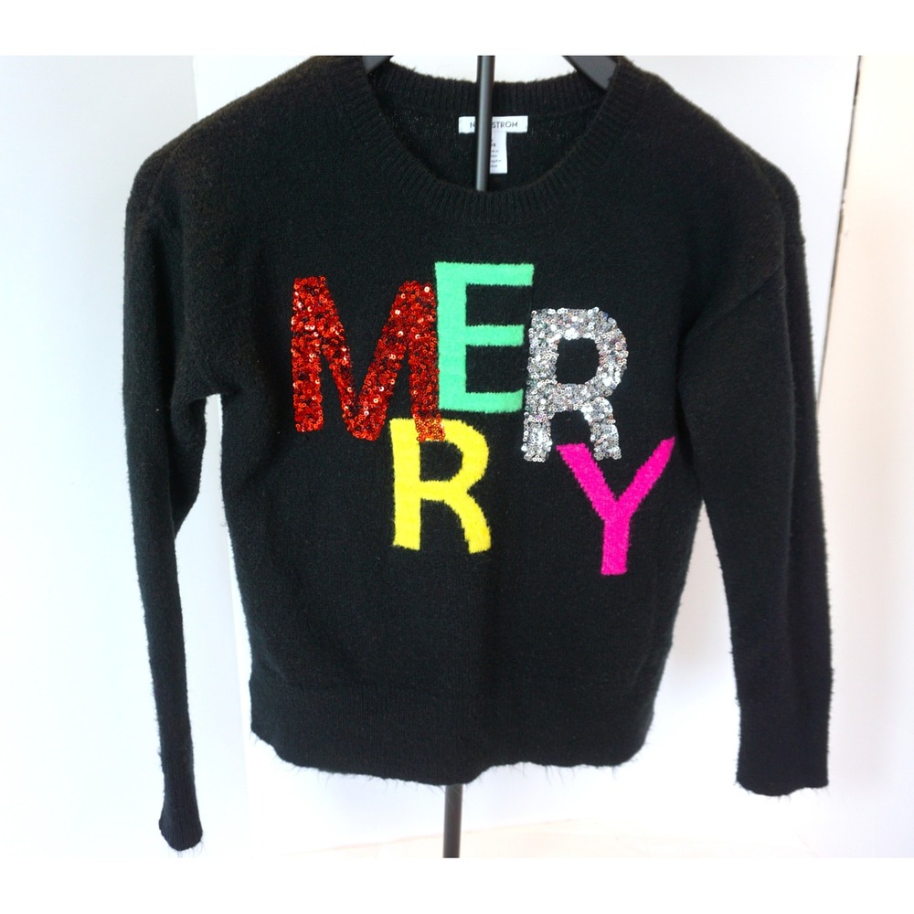 Nordstrom Kids Merry Holiday Sequin Sweater Black Multi GL416950BG Size 7/8